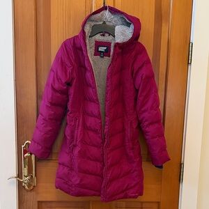 Lands' End Girls Magenta Hooded Puffer Down Fleece Lined Jacket with pockets!